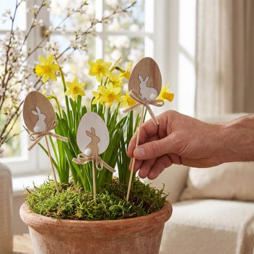Product Flower Stick Easter Decoration Wooden Egg with Rabbit Natural 5×7cm 12 pcs