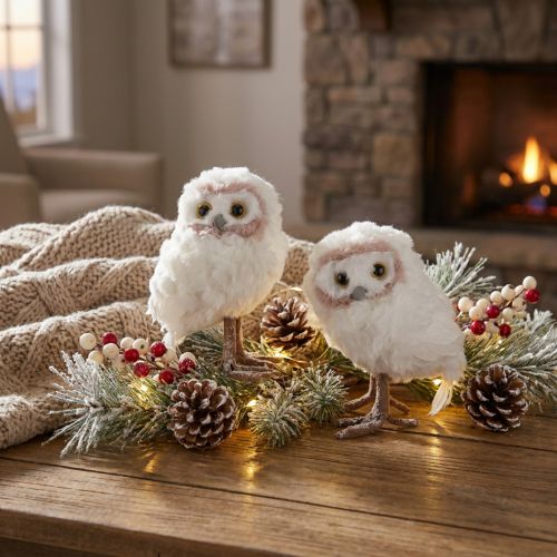 Set of 2 White Decorative Owl Figurines, 15cm, Artificial Fur, Winter Décor | Floristik24.co.uk