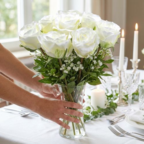 Decorative rose silk flowers in bunch cream 36cm 8 pcs | Floristik24.co.uk