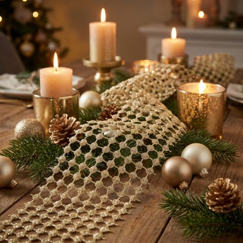 Product Table runner grid gold cream with glitter W19cm L1,5m