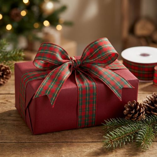 Gift ribbon checkered fabric ribbon red green Scottish 25mm 20m | Floristik24.co.uk