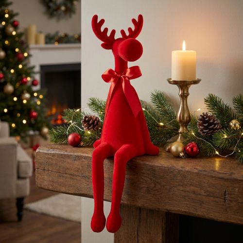 Red Flocked Sitting Reindeer Figurine with Bow – 54cm | Floristik24.co.uk