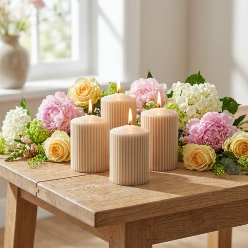 Pillar Candles Beige Grooved Candle 70/90mm 4 Pcs | Floristik24.co.uk