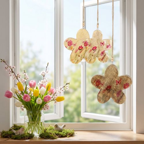 Product Decorative Hanging Wooden Flowers Spring Natural Pink 16cm 3pcs