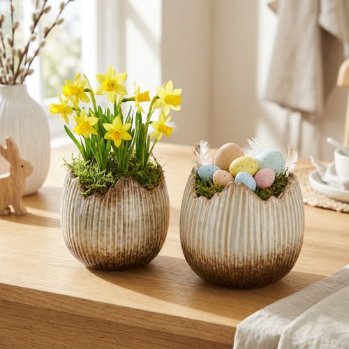 Flowerpot Ceramic Egg Broken Cream Brown Ø11.5cm 2 pcs | Floristik24.co.uk