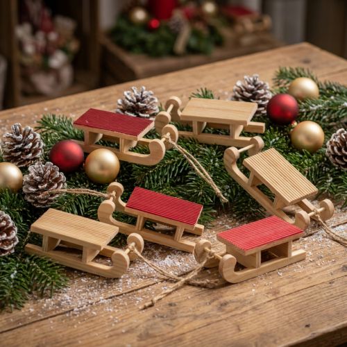 Wooden sleigh miniature, red-natural, 4x8.5 cm, set of 6 - Christmas decoration | Floristik24.co.uk