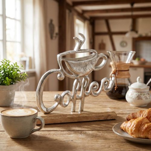 Metal decoration coffee silver wooden base natural 17.5x5x18cm | Floristik24.co.uk