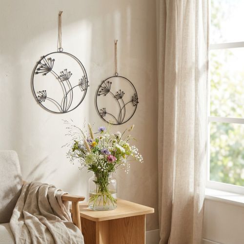 Decorative metal ring, black, hanging decoration, flowers, Ø23cm, set of 2, summer wall decoration | Floristik24.co.uk