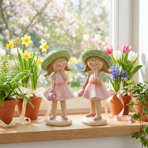 Decorative figurines of girls with hats, pink and green, 6.5x5.5x14.5cm, 2 pieces | Floristik24.co.uk
