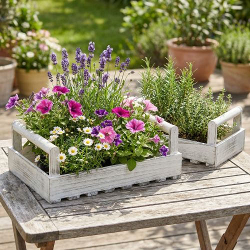 Product Flower Box Shabby Chic Planter Wood White 38/31cm Set of 2