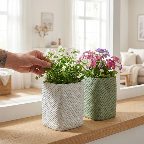 Planter ceramic white green relief mesh 12x12cm H17.5cm 2pcs | Floristik24.co.uk