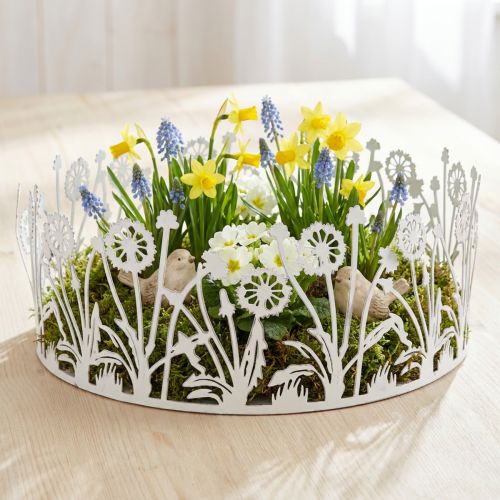 Decorative tray with dandelions, metal decoration for spring white, silver shabby chic Ø25cm H10.5cm | Floristik24.co.uk