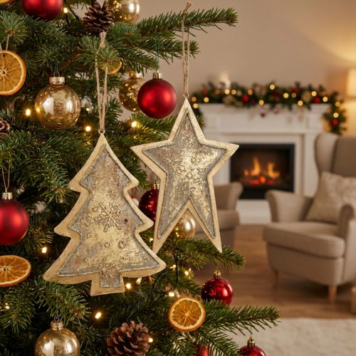 Metal pendants fir and star, Christmas tree decorations, Christmas decoration golden, antique look H15.5 / 17cm 4pcs | Floristik24.co.uk