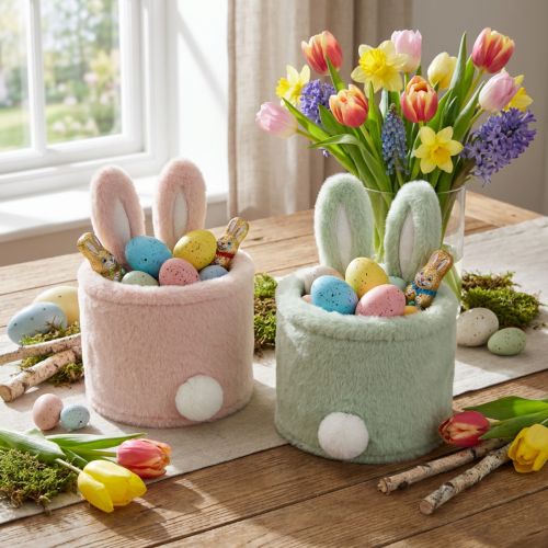 Plushy Easter Basket Pastel coloured Bunnies Small basket for gifts and living room decor 18cm 2pcs | Floristik24.co.uk