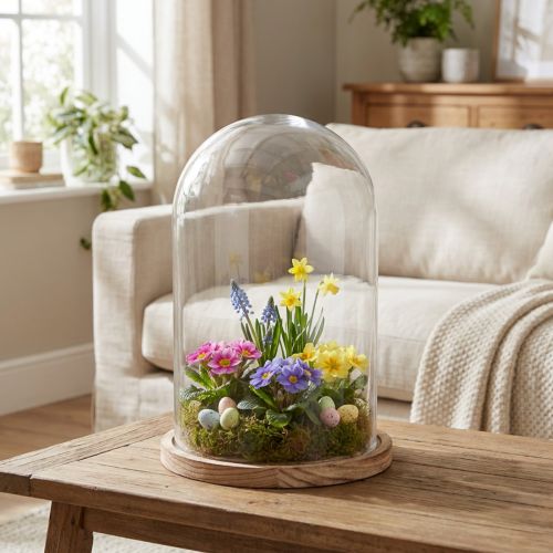 Glass bell with wooden plate glass decoration Ø17cm H25cm | Floristik24.co.uk