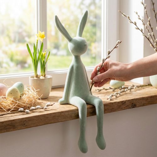 Easter bunny shelf sitter, sitting rabbit, flocked, grey-green, 56cm | Floristik24.co.uk