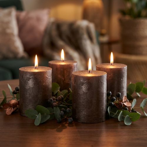 Solid-colored brown pillar candles, copper metallic, 70×80mm, set of 4 – decorative candles for style and warmth | Floristik24.co.uk