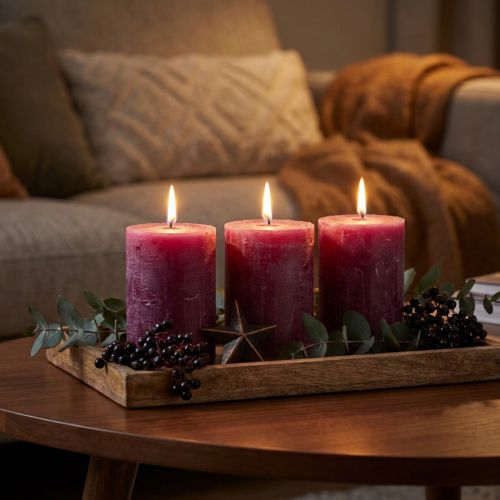 Solid-colored pillar candles, purple berry, 60x80mm, 4 pieces - decorative, long burning time, handmade | Floristik24.co.uk