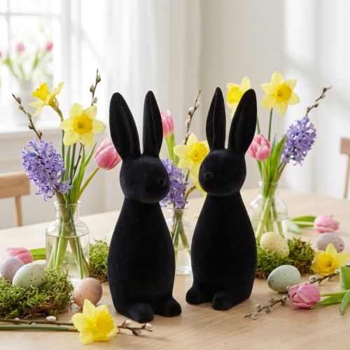 Decorative Black Easter Bunny, Flocked, 29.5cm High, 2 Pieces | Floristik24.co.uk
