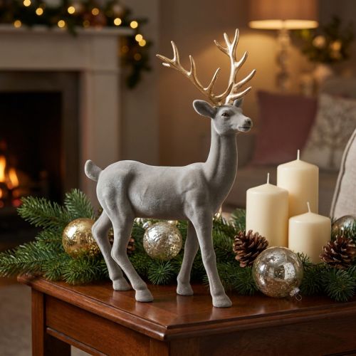 Decorative deer decorative figure decorative reindeer flocked gray H46cm | Floristik24.co.uk