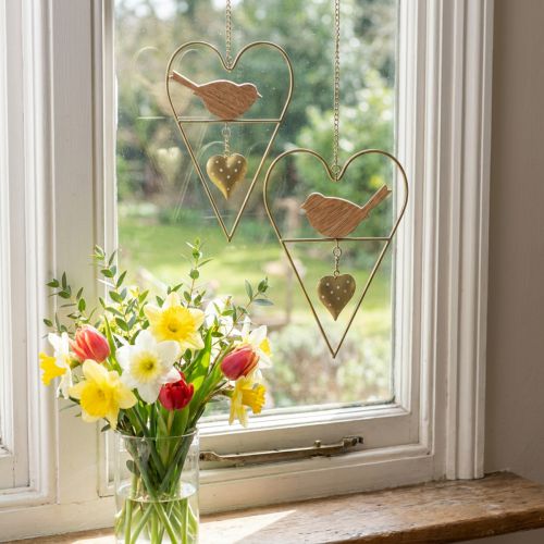 Decorative hearts for hanging metal with bird wood 12×18cm 2 pcs | Floristik24.co.uk