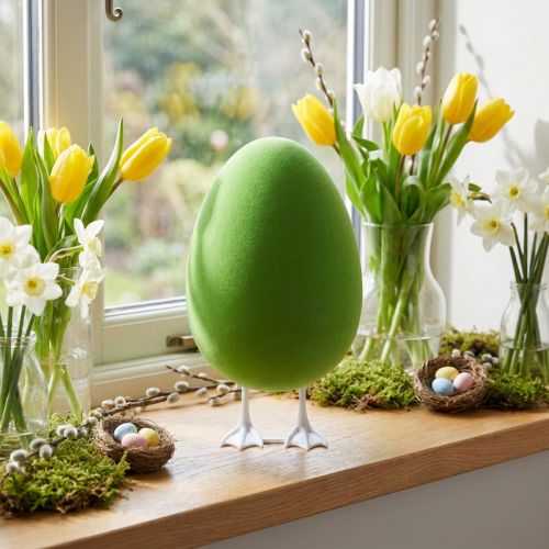 Easter egg with feet decorative egg green flocked Shop window decoration Easter H25cm | Floristik24.co.uk