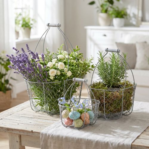 Wire basket with handle, baskets nostalgic, metal basket shabby chic, antique look silver, white L35/30/25cm H46.5/35/25cm set of 3 | Floristik24.co.uk