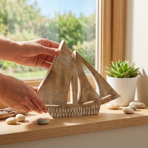 Wooden sailboat, maritime decoration, wooden boat natural color, white H23cm | Floristik24.co.uk