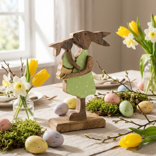 Bunny mother with child, Easter decoration, spring, Easter bunny made of wood, natural, green, yellow H22cm | Floristik24.co.uk