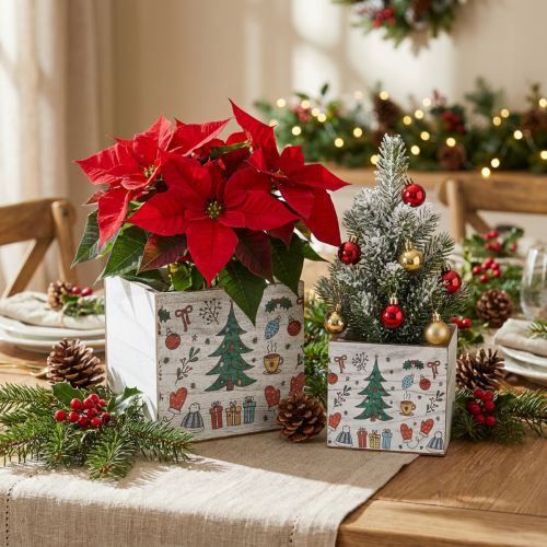 Wooden planter Christmas decoration white, colored 20 × 20/15 × 15cm, set of 2 | Floristik24.co.uk