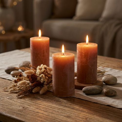 Solid-colored caramel pillar candles 70×120mm, set of 4, decorative candles, long burning time, home decor, table decoration | Floristik24.co.uk