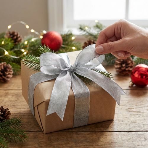Product Gift ribbon silver with wire edge 25mm 25m