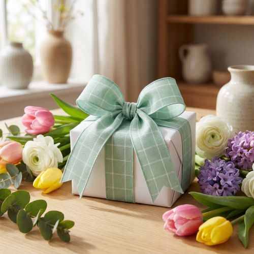 Green pastel checkered gift ribbon, decorative ribbon, 35mm wide, 20m long | Floristik24.co.uk
