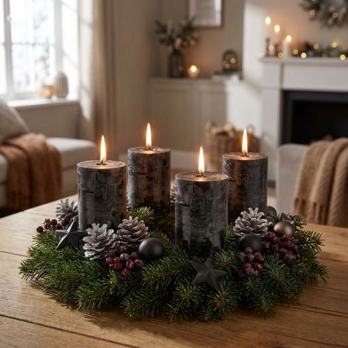 Black pillar candles, dyed throughout, rustic, 60x80mm, set of 4, Advent wreath, decoration | Floristik24.co.uk