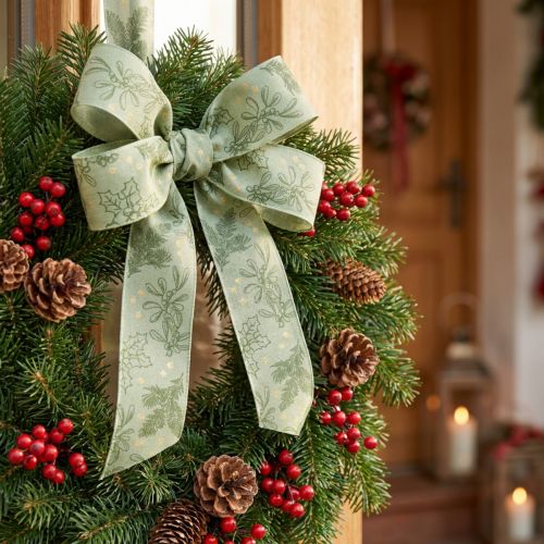 Product Decorative Ribbon Holly and Mistletoe 40mm x 15m Green Polyester