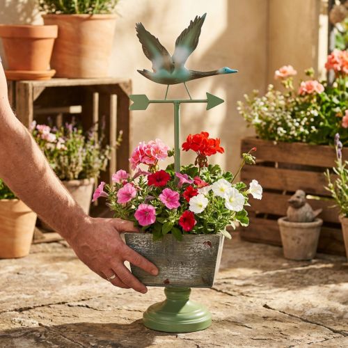 Plant pot with foot weathervane wood natural/green 26x20cm H68cm | Floristik24.co.uk