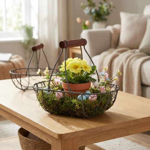 Oval wire basket with handle, grey, 17×11cm, H15cm, 2 pieces | Floristik24.co.uk