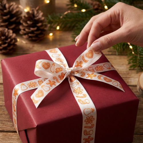 Product Festive Ribbon with Gingerbread Motifs 25mm x 18m Polyester White and Orange