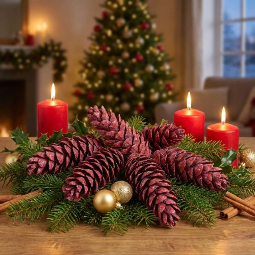 Strobus cones decoration red white washed 15-20cm 50 pcs | Floristik24.co.uk