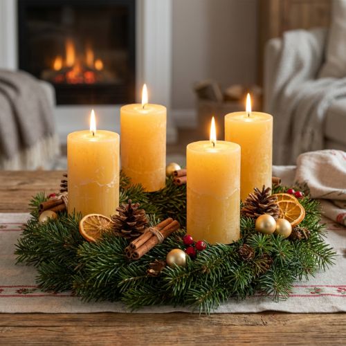 Rustic pillar candles, yellow dyed throughout, for Advent wreaths and lanterns, set of 4, 70/140mm | Floristik24.co.uk