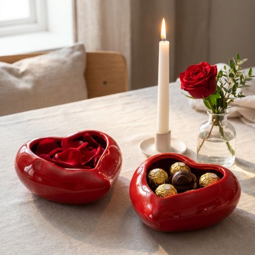 Ceramic Decorative Hearts Red Bowl Glossy 13×15×6.5cm 2 pcs | Floristik24.co.uk
