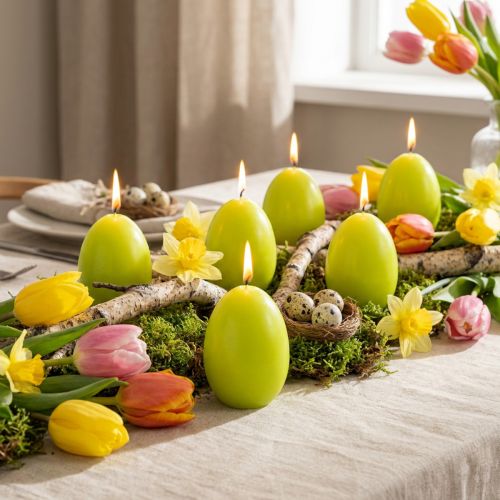Easter candles, egg-shaped, egg-shaped Easter candles, lime green, 9cm, 20h, 6 pieces | Floristik24.co.uk