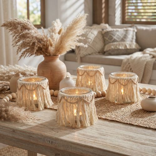 Lantern glass fringes macrame cream boho Ø9.5cm 4pcs | Floristik24.co.uk