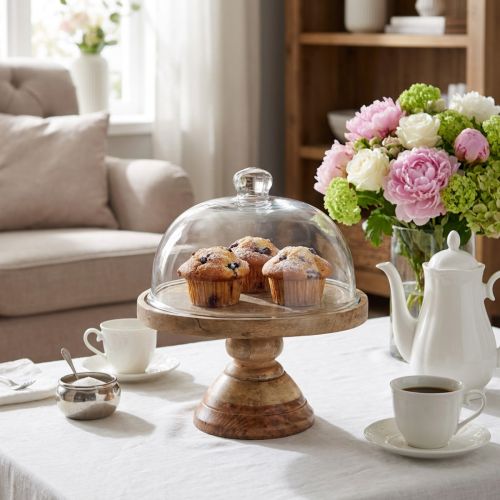 Wooden plate with glass dome, decorative glass bell, Ø27cm H31cm | Floristik24.co.uk