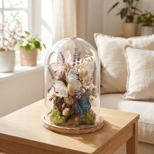 Glass bell on wooden tray, glass jar, clear, natural, Ø17cm, H24cm | Floristik24.co.uk