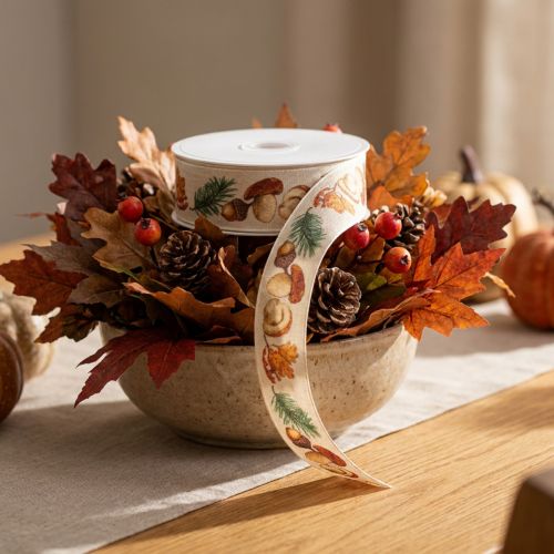 Product Decorative Ribbon with Mushroom and Autumn Leaves Design, 25mm x 18m Beige Polyester