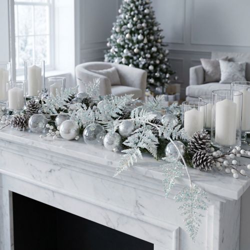 Product Decorative fern for hanging white blue glitter winter L110cm