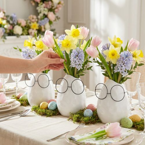 Vase with Glasses Easter Decoration Ceramic White Ø8.5cm H13cm 3 pcs | Floristik24.co.uk
