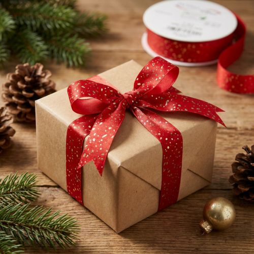 Christmas ribbon with golden speckles, red, 25mm, 20m | Floristik24.co.uk