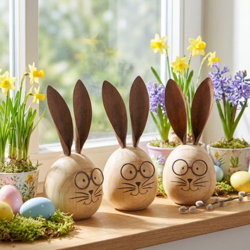 Egg-shaped rabbit decorative figure with character for spring and seasonal decoration, 14cm, 3 pieces | Floristik24.co.uk